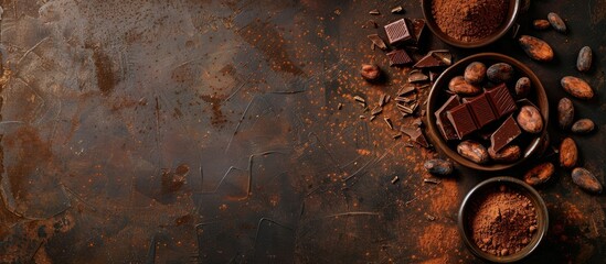 Dark chocolate cocoa beans and powder arranged on a concrete table with a copy space image