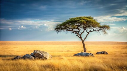 Lone acacia tree on faded grass savanna with rocks cut out asymmetrical