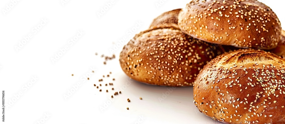 Poster bread with sesame seeds on a white background with copy space image