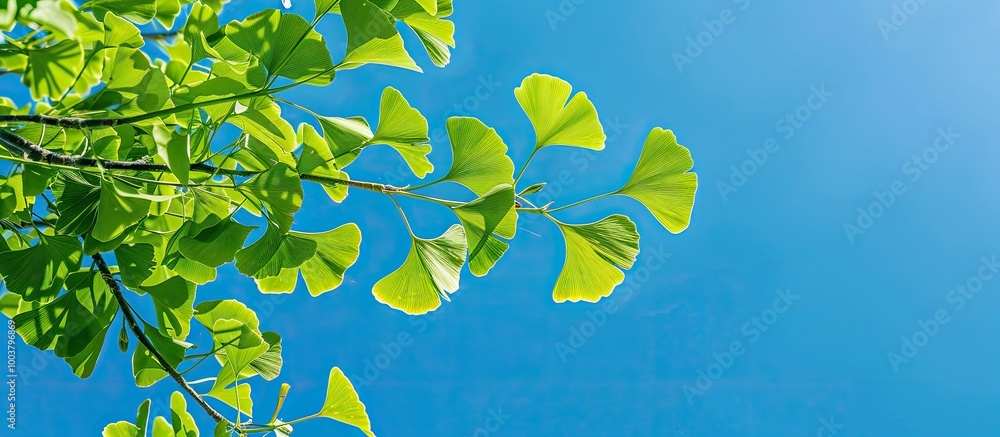 Poster bright green new leaves on a ginkgo tree create a vibrant image against a blue sky selective close u