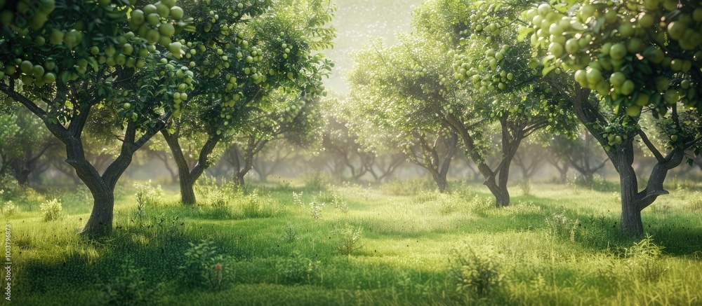 Poster lush green apple trees in an organic orchard setting with a serene backdrop suitable for a copy spac
