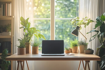 A stylish home office setup with a large window, natural light streaming in, a wooden desk, and a laptop surrounded by plants and books