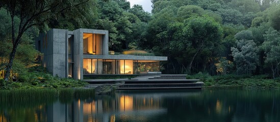 Modern Architectural House with Large Windows Overlooking a Serene Forest Lake at Dusk