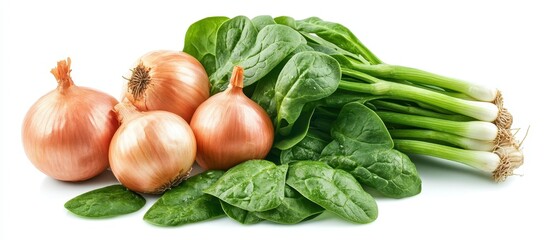 Fresh Organic Vegetables - Onions, Spinach, and Green Onions Isolated on White Background