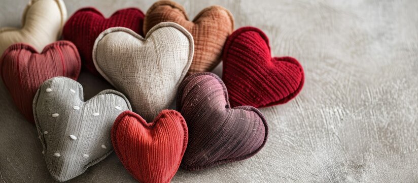 Flatlay composition featuring handmade heart cushions to convey an appreciation theme against a backdrop suitable for adding text or images called the copy space image