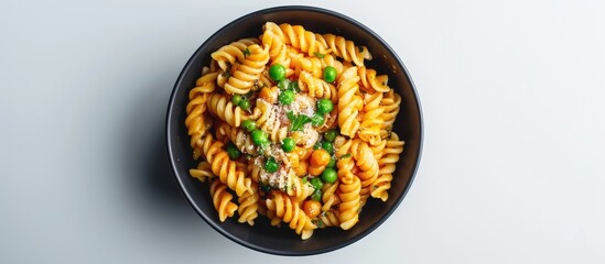 A bowl of tasty pasta with cheese and green peas viewed from the top on a white surface allowing room for a text message in the image. with copyspace image