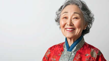 A cheerful old Asian woman with a bright smile, wearing traditional clothing, with particularly fine wrinkles and a soft texture on her skin. Her lively expression stands out.