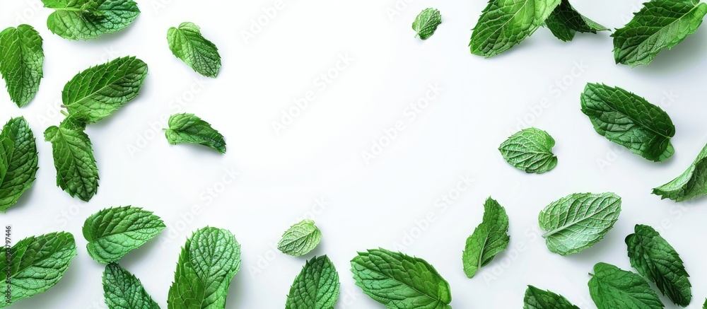 Poster freshly harvested mint leaves set against a blank background for text or design element purposes ide