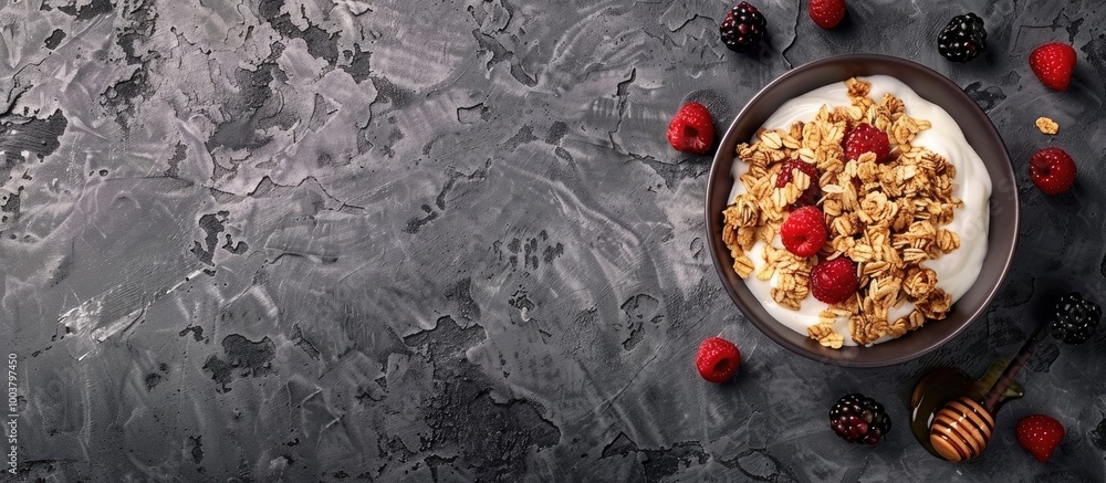 Poster delicious granola with berries yogurt and honey on a textured grey surface shot from above with room