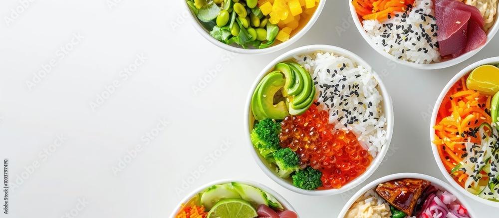 Poster delicious poke bowls for takeout displayed on a white backdrop with empty space for text or other vi