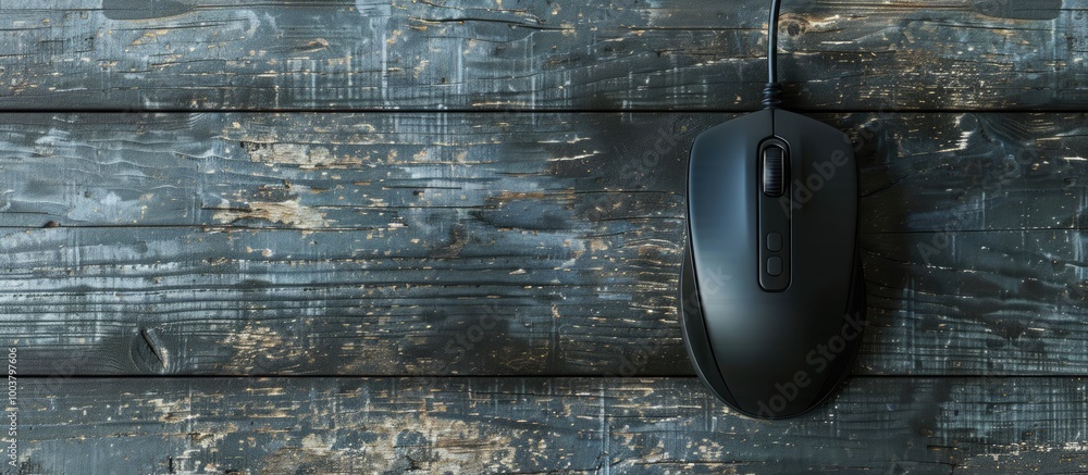 Aufkleber above view of a single wired mouse on a grey wooden table featuring copy space image