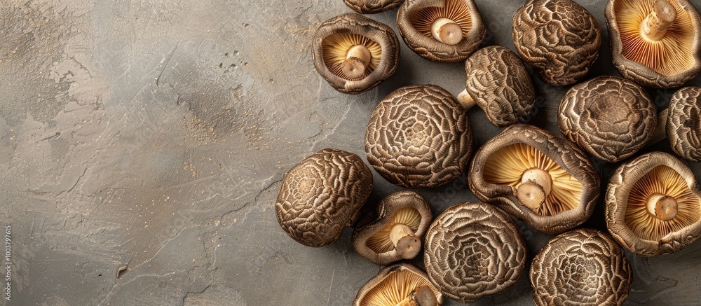 Poster dried shiitake mushrooms arranged on a table with a food background top view creating a vegetarian a