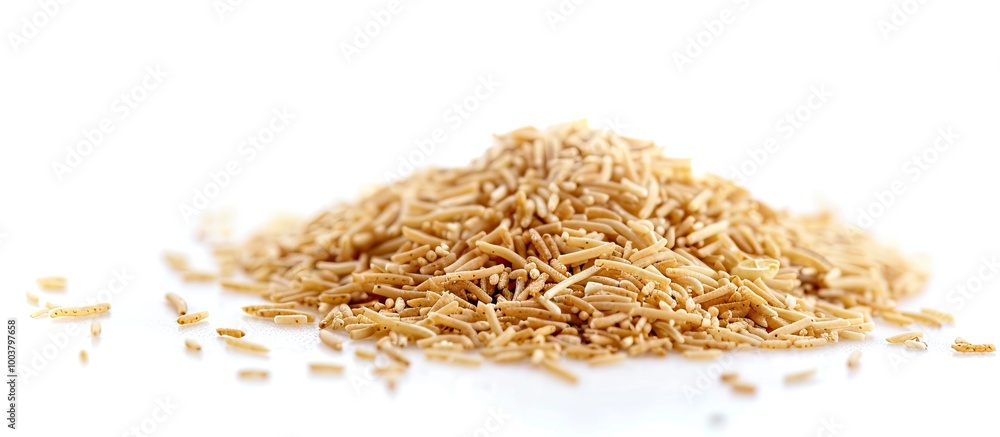 Poster a heap of tiny vermicelli on a blank white backdrop providing room for a copy space image