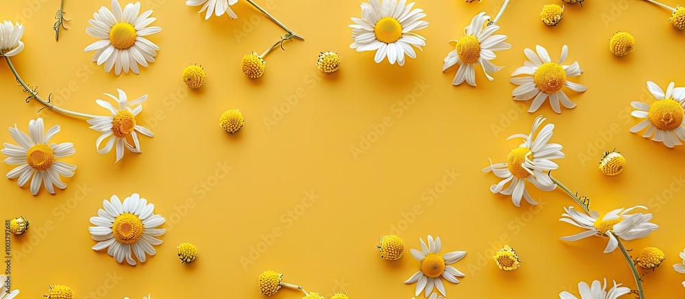 Aufkleber colorful background with various chamomile flowers ideal as a flat lay for a template or mockup with