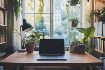 A stylish home office setup with a large window, natural light streaming in, a wooden desk, and a laptop surrounded by plants and books