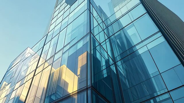 A modern glass office building reflects the sky and nearby buildings