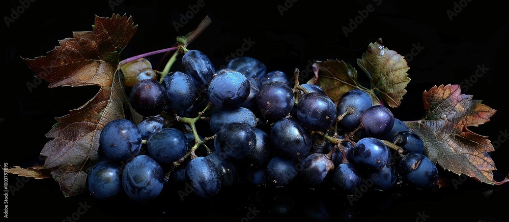 Poster blue grapes with dried vine leaves on a black background in a close up shot with selective focus fea