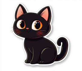 Fototapeta premium Sticker design, kawaii black cat, white background, 2d flat art, vector style, die cut, high quality, flat texture, bright colors