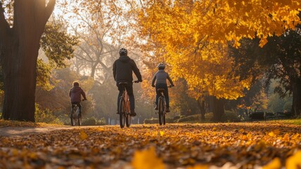 Obraz premium Three Cyclists Riding Through a Golden Autumn Forest