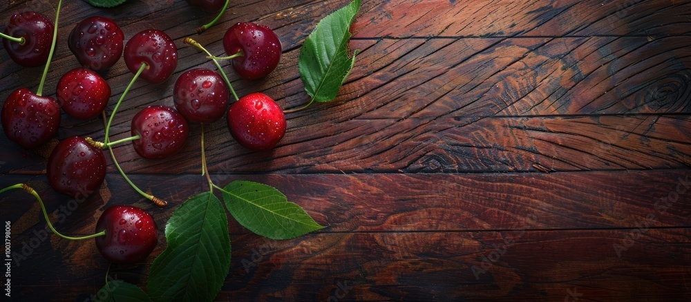 Aufkleber fresh ripe cherries with leaves on a textured wooden background creating a copy space image for a ve