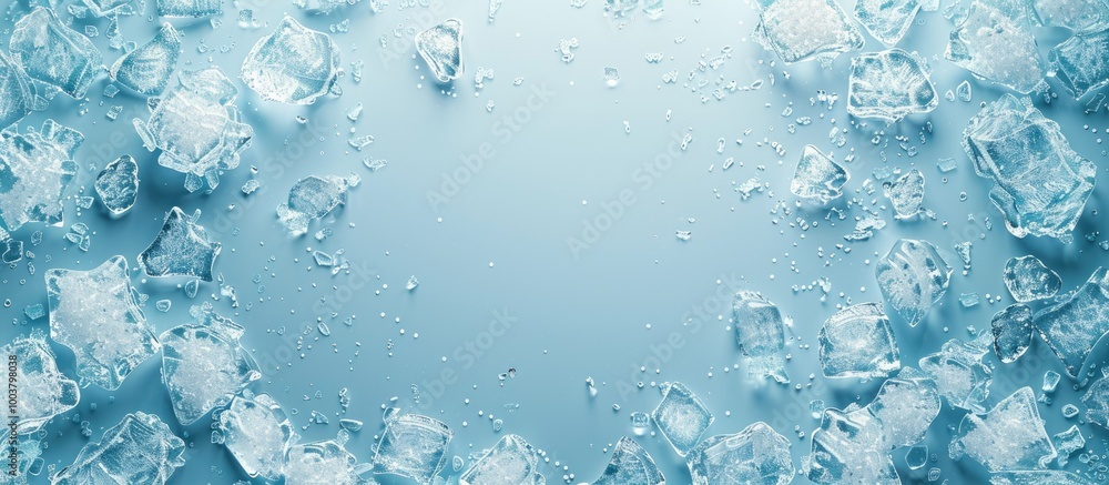 Poster top view of crushed ice in a frame against a light blue backdrop with room for text in the copy spac