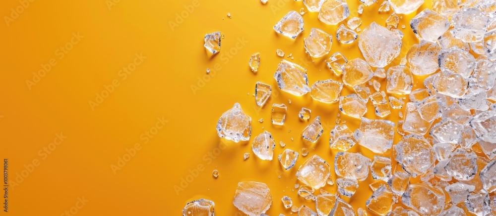 Poster top view of crushed ice on a yellow backdrop with room for text in a copy space image