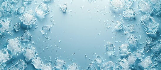 Top view of crushed ice in a frame against a light blue backdrop with room for text in the copy space image