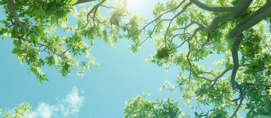 Fototapeta premium A picturesque scene of tree branches with lush green leaves under a clear blue sky photographed from a low angle perspective It has copy space for text