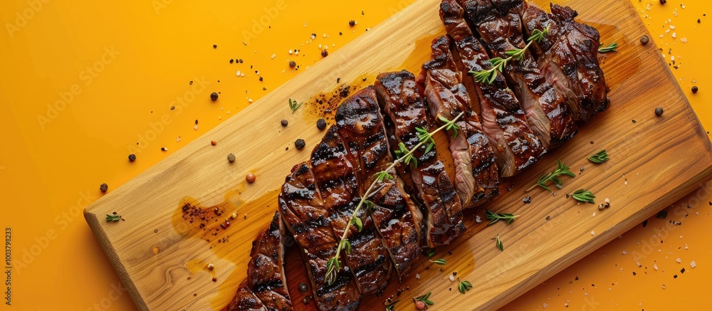 Aufkleber denver top blade beef steak grilled with thyme on a wooden board set against an orange background in