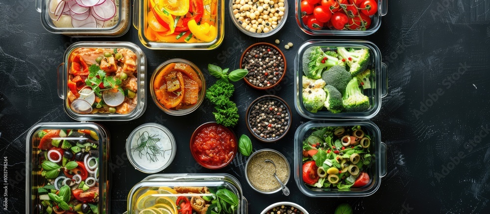 Poster glass containers with various meals and products displayed on a black table in a flat lay style offe