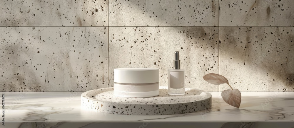 Poster cosmetics skincare product displayed on a terazzo tray on a tabletop with a textured travertine ston
