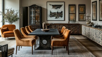 Fototapeta premium An elegant eclectic dining area featuring a mix of modern chairs