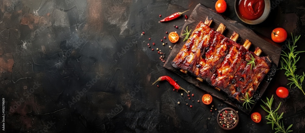 Poster barbecue pork ribs on a rustic table as appetizing copy space image