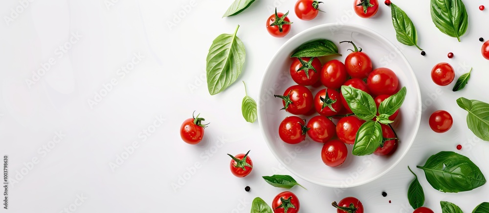 Poster ceramic plate with basil and cherry tomatoes on white backdrop with open area for additional visuals