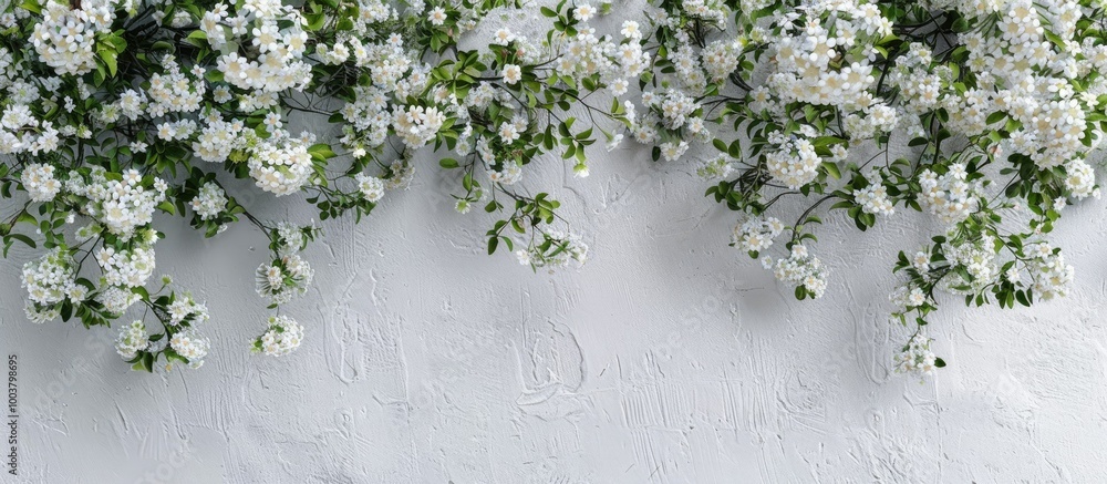 Aufkleber blooming trees with small white flowers against a white wall background serve as a backdrop for text