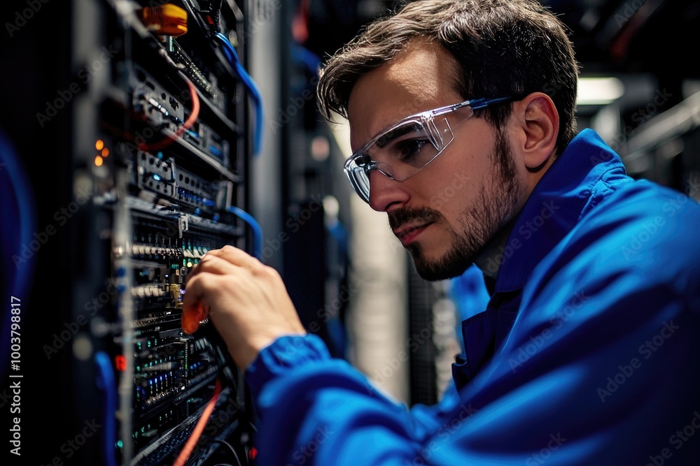 Poster a technician working on a server. this image can be used for websites or articles about data centers