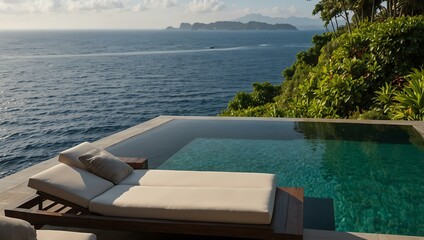 An infinity pool and lounge area overlooking the ocean, nestled in lush greenery.