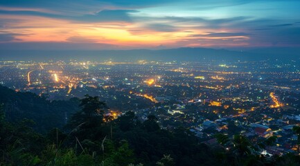 Obraz premium Chiang Mai city at night from a mountain top, with beautiful lights and a wide angle. Busy city with distant street lights and chinese industry.