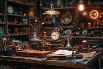 Cozy Vintage Workshop With Antique Clocks and Tim