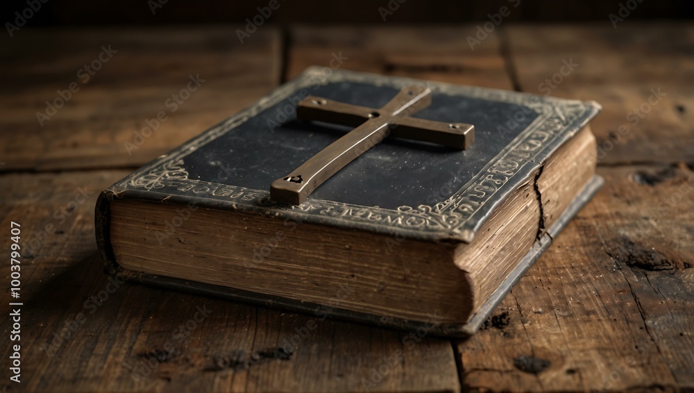 Poster an old book sits on a rustic table, topped with a cross and empty space.
