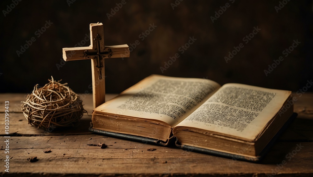 Poster an old book sits on a rustic table, topped with a cross and empty space.