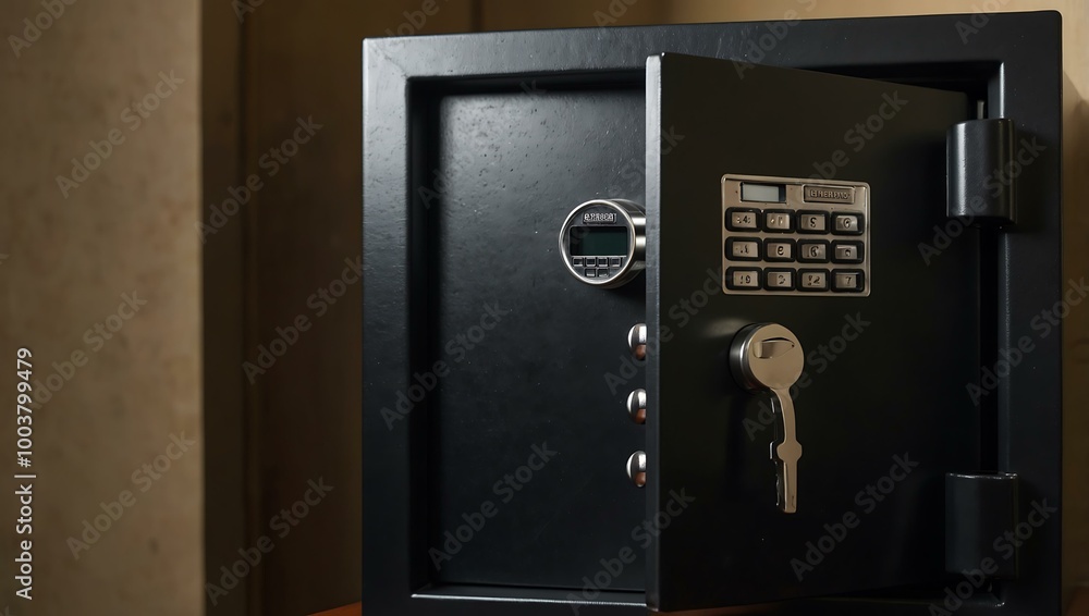 Poster an open hotel safe with a keypad, hinting at a robbery.