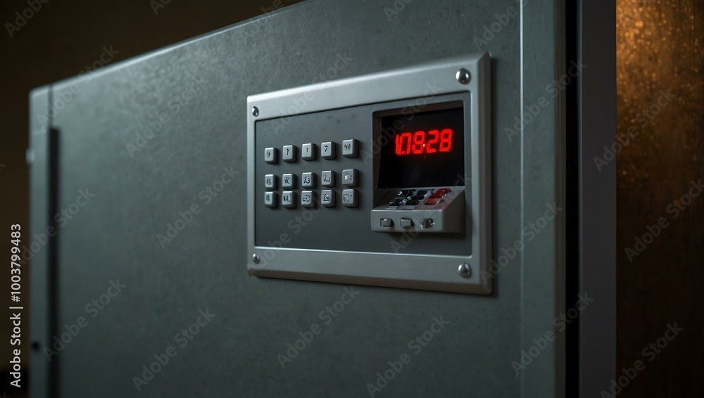Poster an open hotel safe with a keypad, hinting at a robbery.