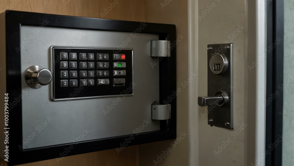 Poster an open hotel safe with a keypad, hinting at a robbery.