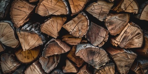 Fototapeta premium Detailed view of arranged firewood showcasing organic wood grain textures.
