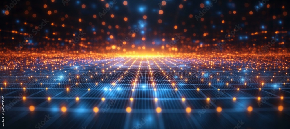 Leinwandbilder Wireframe grid connected dots and lines technology background. Network linked virtual space. Generative AI technology.
