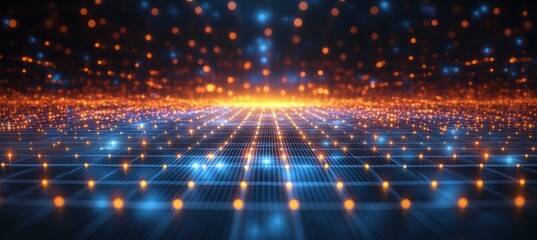 Wireframe grid connected dots and lines technology background. Network linked virtual space. Generative AI technology.