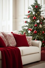 Fototapeta premium A live-in living room featuring a Christmas tree, a white sofa adorned with red and white pillows, and a red and white striped throw blanket