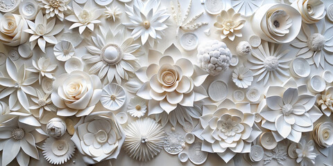 Stunning white paper flowers arranged in intricate display, showcasing various shapes and textures. This elegant composition adds touch of sophistication and artistry to any space