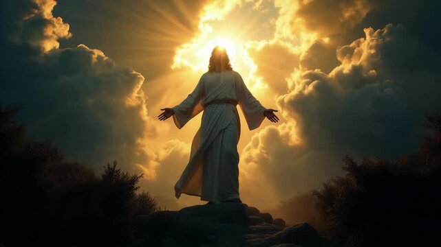 Jesus Christ ascending to heaven with light rays sky and clouds. Second Coming concept.